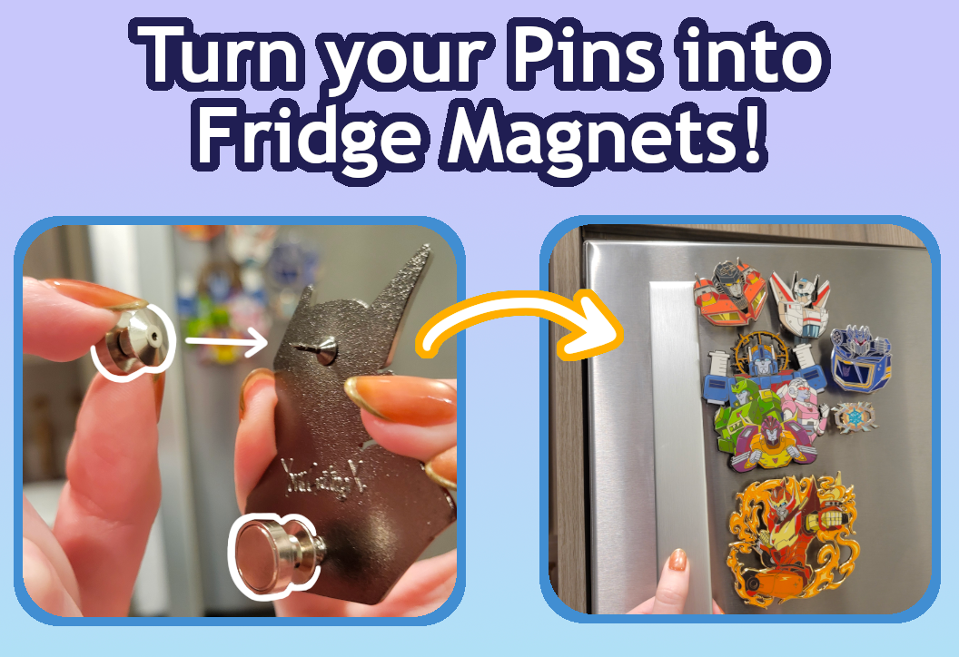Enamel pins displayed on a fridge using magnetic pin backings